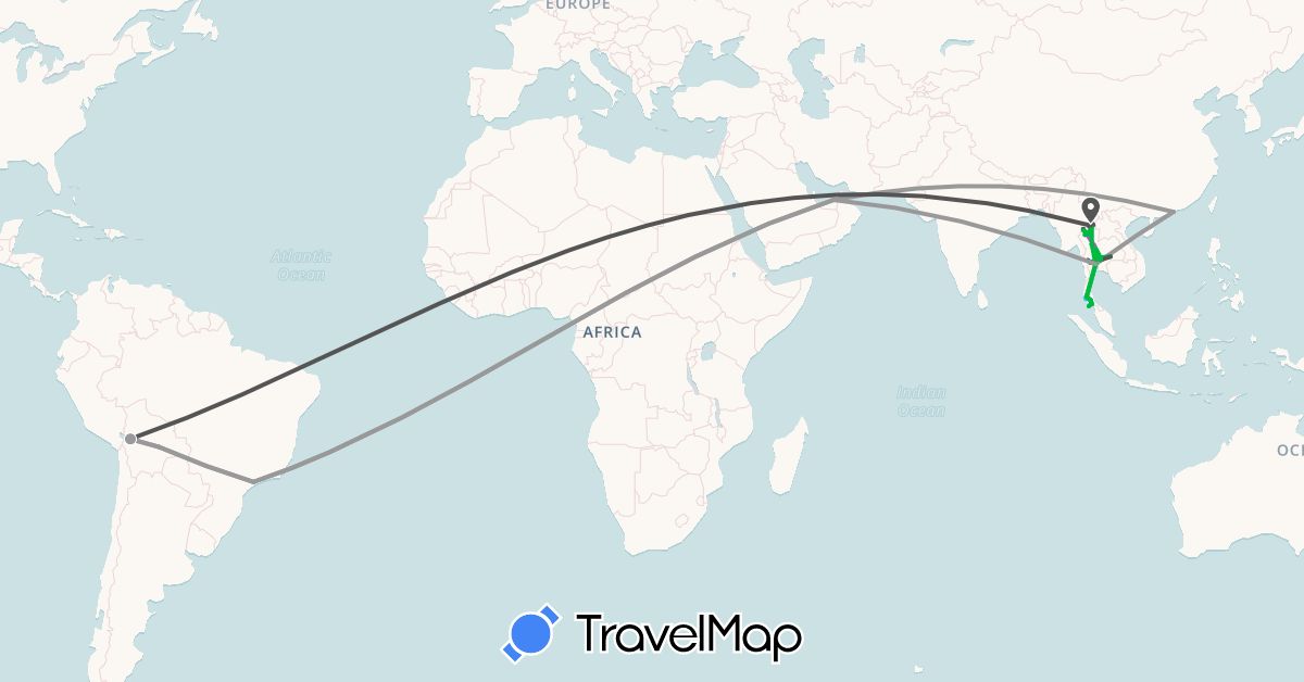 TravelMap itinerary: bus, plane, cycling, train, boat, hitchhiking, motorbike in United Arab Emirates, Bolivia, Brazil, Hong Kong, Laos, Thailand (Asia, South America)
