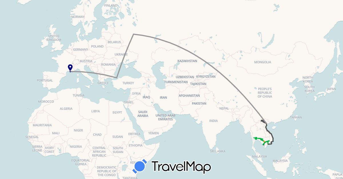 TravelMap itinerary: driving, bus, plane, cycling, hiking, boat, hitchhiking, motorbike in France, Cambodia, Russia, Thailand, Turkey, Vietnam (Asia, Europe)