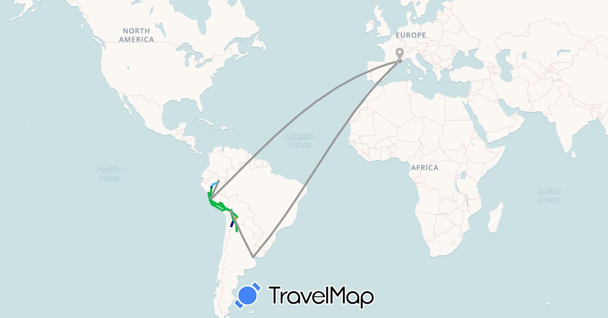 TravelMap itinerary: driving, bus, plane, cycling, hiking, boat, hitchhiking in Argentina, Bolivia, France, Peru (Europe, South America)